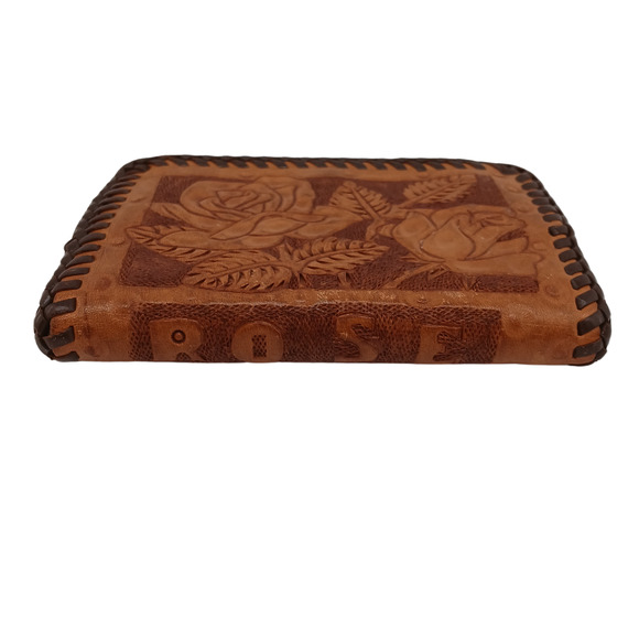 VTG Ladies Hand Tooled Leather Clutch Wallet Coin Purse Rose Design 5"x3.75"x1" - Picture 4 of 10